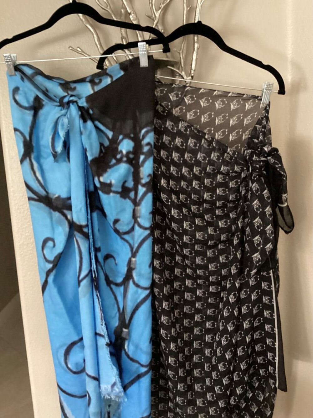 2 beach cover ups, blue and black, made from large scarves (measurements below)
